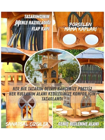 “MANDU” Ahşap 4 Katlı Teraslı Kedi Evi (Tırmalama + Mama Kaplı)
