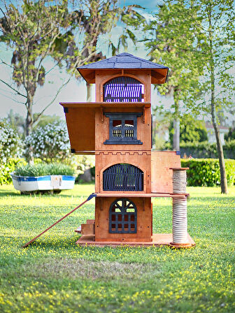 “MANDU” Ahşap 4 Katlı Teraslı Kedi Evi (Tırmalama + Mama Kaplı)