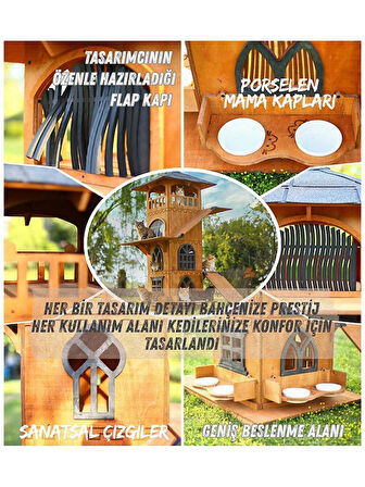 “MANDU” Ahşap 4 Katlı Teraslı Kedi Evi (Tırmalama + Mama Kaplı)