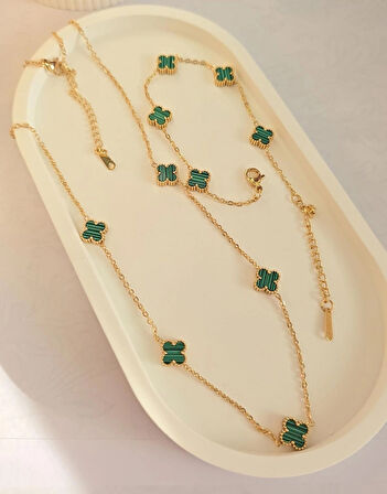 Çelik Kolye Seti - Yonca Kolye Ve Bileklik Seti - Paslanmaz Çelik 