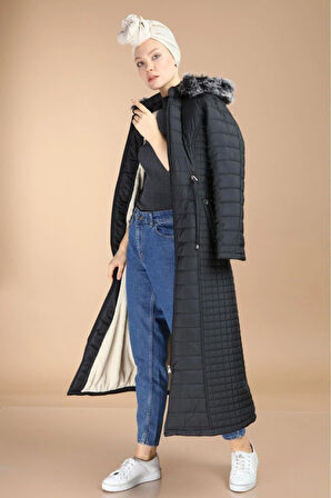 Kadın Fermuarlı İçi Kürklü Kapitone Uzun Mont