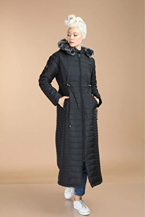 Kadın Fermuarlı İçi Kürklü Kapitone Uzun Mont