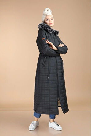 Kadın Fermuarlı İçi Kürklü Kapitone Uzun Mont