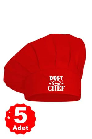 5li Kırmızı Üzeri Best Chef Baskılı Şef Aşçı Şapkası Mantar Kep