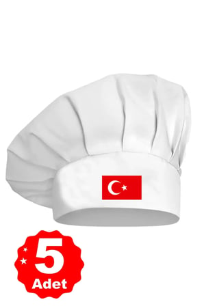 5li Beyaz Üzeri Türk Bayrağı Baskılı Şef Aşçı Şapkası Mantar Kep