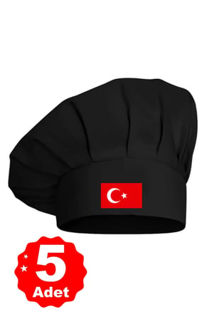 5li Siyah Üzeri Türk Bayrağı Baskılı Şef Aşçı Şapkası Mantar Kep