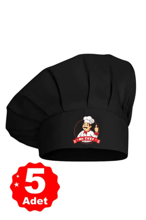 5li Siyah Üzeri Mr. Chef Logo Baskılı Şef Aşçı Şapkası Mantar Kep