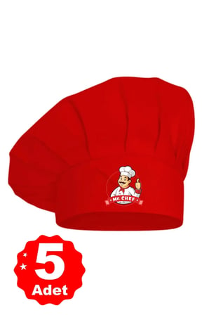 5li Kırmızı Üzeri Mr. Chef Logo Baskılı Şef Aşçı Şapkası Mantar Kep
