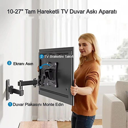 Hareketli Monitör 10-27" TV Duvar Askı Aparatı 2 Kollu 8KG Taşıma Evrensel Braket