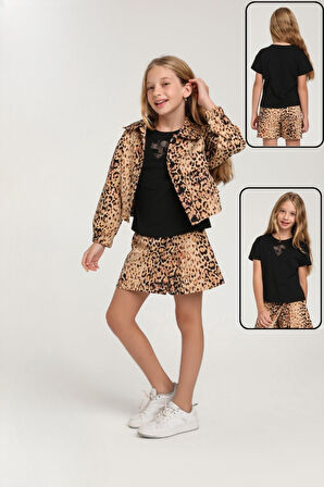 Escabel Leopar Desenli 3'Lü Kız Çocuk Etekli Takım_mnvs35986