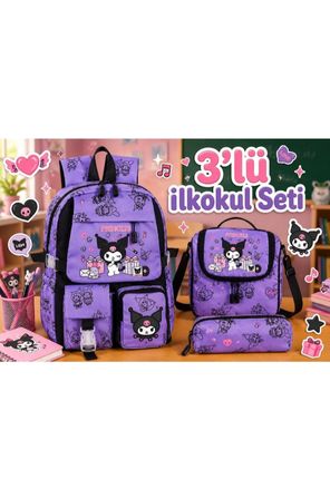 Kore Kawai Kapaklı Kuromi Temalı Kız İlkokul Çantası Termal Beslenme Çantası ve Kalemlik