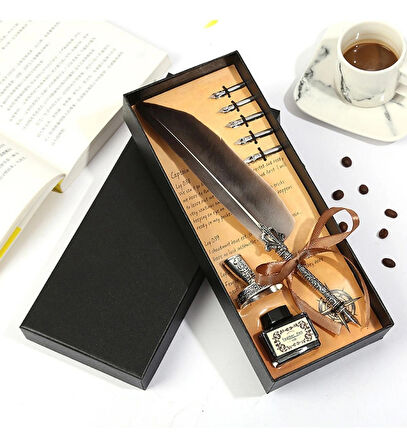 MOBGİFT Hediyelik Taçlı Kuş Tüyü Divit Kalem Ve Özel Tasarım Retro Deri Defter Seti