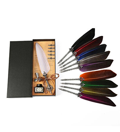 MOBGİFT Hediyelik Taçlı Kuş Tüyü Divit Kalem Ve Özel Tasarım Retro Deri Defter Seti