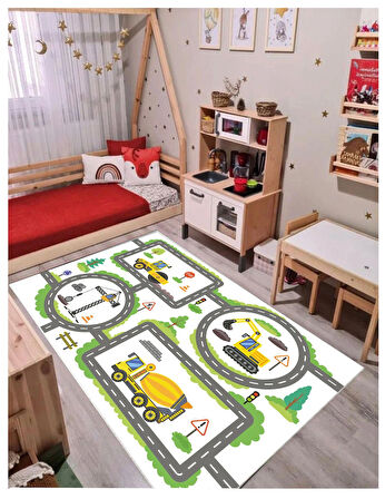 İş Makinesi Trafik Çocuk Oyun Halısı Kaymaz Makinede Yıkanabilir Eğitici Bebek Ve Çocuk Odası Halısı