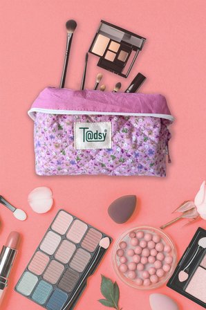 Tadsy Makyaj Çantası Pembe Çiçek Desenli Büyük Boy %100 Pamuk Fermuarlı 22x12x10 cm