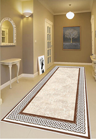 Krem Kahverengi Dijital Baskı Halı Kaymaz Tabanlı Yıkanabilir Halı Yolluk Salon Halısı 784