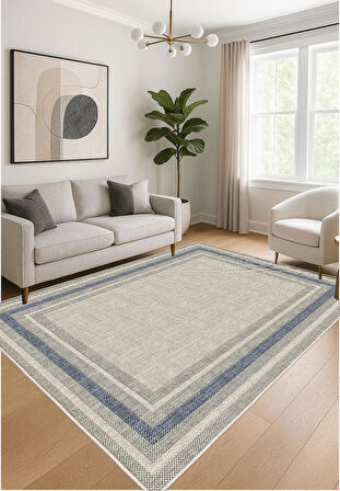 Gri Mavi Dijital Baskı Halı Kaymaz Tabanlı Yıkanabilir Halı Yolluk Salon Halısı 785