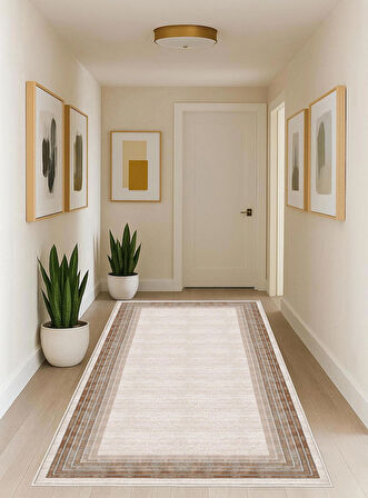 Krem Kahverengi Dijital Baskı Halı Kaymaz Tabanlı Yıkanabilir Halı Yolluk Salon Halısı 789