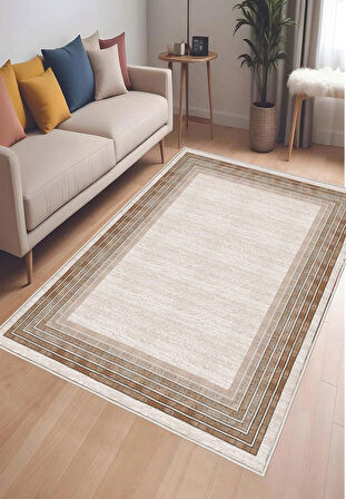 Krem Kahverengi Dijital Baskı Halı Kaymaz Tabanlı Yıkanabilir Halı Yolluk Salon Halısı 789