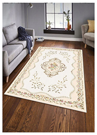 Krem Çicek Dijital Baskı Halı Kaymaz Tabanlı Yıkanabilir Halı Yolluk Salon Halısı 801
