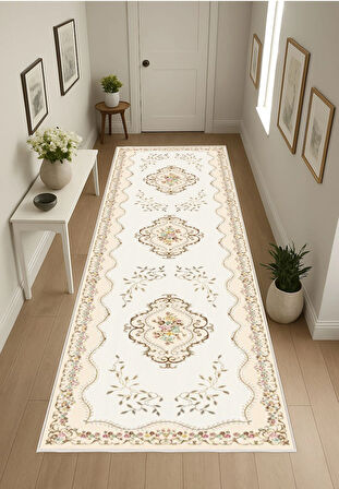 Krem Çicek Dijital Baskı Halı Kaymaz Tabanlı Yıkanabilir Halı Yolluk Salon Halısı 801