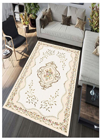 Krem Çicek Dijital Baskı Halı Kaymaz Tabanlı Yıkanabilir Halı Yolluk Salon Halısı 801