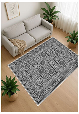 Gri Dijital Baskı Halı Kaymaz Tabanlı Yıkanabilir Halı Yolluk Salon Halısı 792