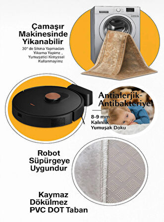 Krem Kahverengi Dijital Baskı Halı Kaymaz Tabanlı Yıkanabilir Halı Yolluk Salon Halısı 794