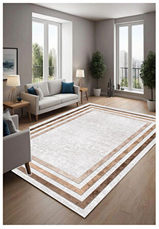 Krem Kahverengi Dijital Baskı Halı Kaymaz Tabanlı Yıkanabilir Halı Yolluk Salon Halısı 794