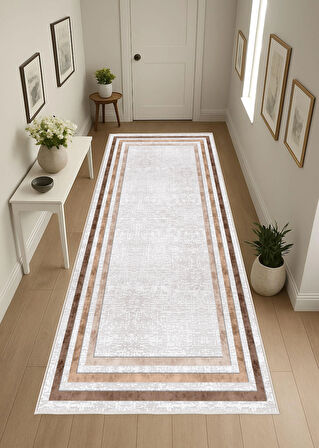 Krem Kahverengi Dijital Baskı Halı Kaymaz Tabanlı Yıkanabilir Halı Yolluk Salon Halısı 794