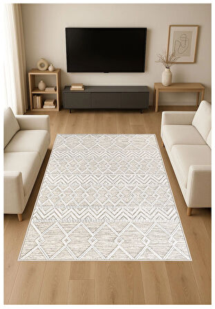 Krem Gri Dijital Baskı Halı Kaymaz Tabanlı Yıkanabilir Halı Yolluk Salon Halısı 806