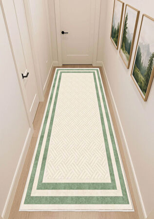 Yeşil KremDijital Baskı Halı Kaymaz Tabanlı Yıkanabilir Halı Yolluk Salon Halısı 807