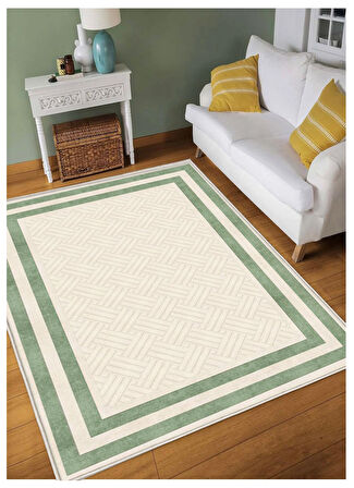 Yeşil KremDijital Baskı Halı Kaymaz Tabanlı Yıkanabilir Halı Yolluk Salon Halısı 807