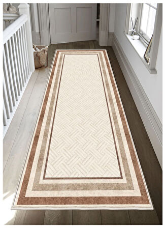 Kahverengi KremDijital Baskı Halı Kaymaz Tabanlı Yıkanabilir Halı Yolluk Salon Halısı 808