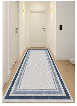 Mavi Gri Dijital Baskı Halı Kaymaz Tabanlı Yıkanabilir Halı Yolluk Salon Halısı 809