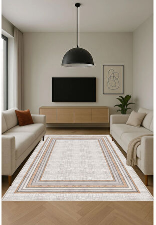 Krem Dijital Baskı Halı Kaymaz Tabanlı Yıkanabilir Halı Yolluk Salon Halısı 814