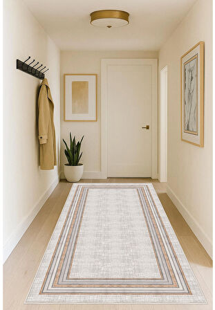 Krem Dijital Baskı Halı Kaymaz Tabanlı Yıkanabilir Halı Yolluk Salon Halısı 814