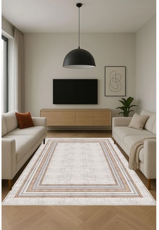 Krem Dijital Baskı Halı Kaymaz Tabanlı Yıkanabilir Halı Yolluk Salon Halısı 814