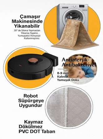Krem Dijital Baskı Halı Kaymaz Tabanlı Yıkanabilir Halı Yolluk Salon Halısı 814