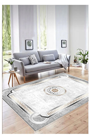 Gri Dijital Baskı Halı Kaymaz Tabanlı Yıkanabilir Halı Yolluk Salon Halısı 795