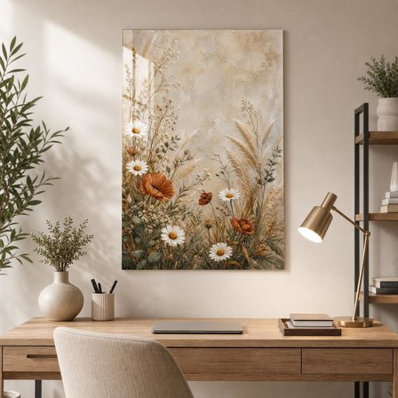 Papatya ve Pampas Desenli Baskılı Cam Tablo – Bohem UV Baskı Duvar Dekoru