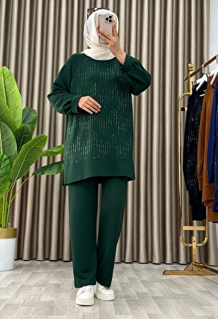 Taş Baskı Desenli Tunik Pantolon İkili Takım