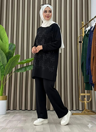 Taş Baskı Desenli Tunik Pantolon İkili Takım