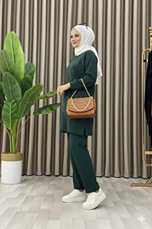 Taş Baskı Desenli Tunik Pantolon İkili Takım