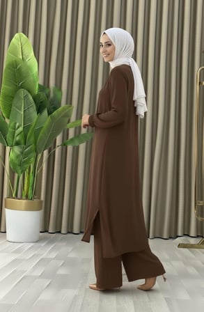 Tesettür İkili Takım Uzun Tunik Bol Paça Pantolon