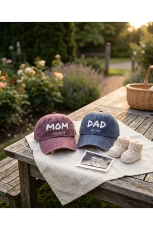 Mom Dad Çift Şapka 2027 Serisi - Yıkamalı Eskitme Kumaş Ayarlanabilir Ölçü Tokalı Baskılı Hatıra Şapkası