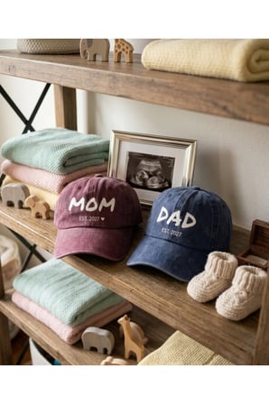 Mom Dad Çift Şapka 2027 Serisi - Yıkamalı Eskitme Kumaş Ayarlanabilir Ölçü Tokalı Baskılı Hatıra Şapkası