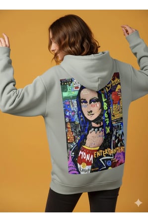 Lenithra Mona Lisa Sırt Baskılı Unisex Oversize Hoodie Gri / L