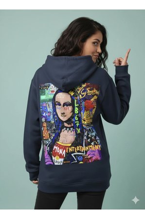 Lenithra Mona Lisa Sırt Baskılı Unisex Oversize Hoodie Füme / XL