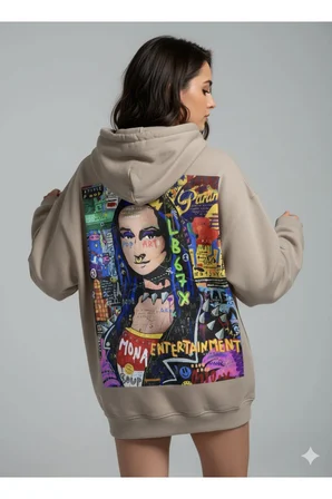 Lenithra Mona Lisa Sırt Baskılı Unisex Oversize Hoodie Bej / XL